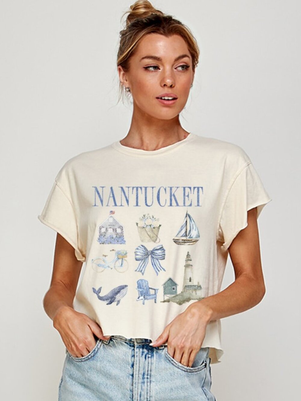 Nantucket Coastal Style Cropped T-Shirt in Ivory - LAST ONE SZ LARGE